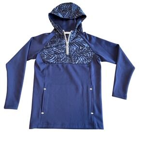 Peter Millar Navy Blue Palm Hyperlight Hybrid Hoodie Pullover Youth Boys S 7-8